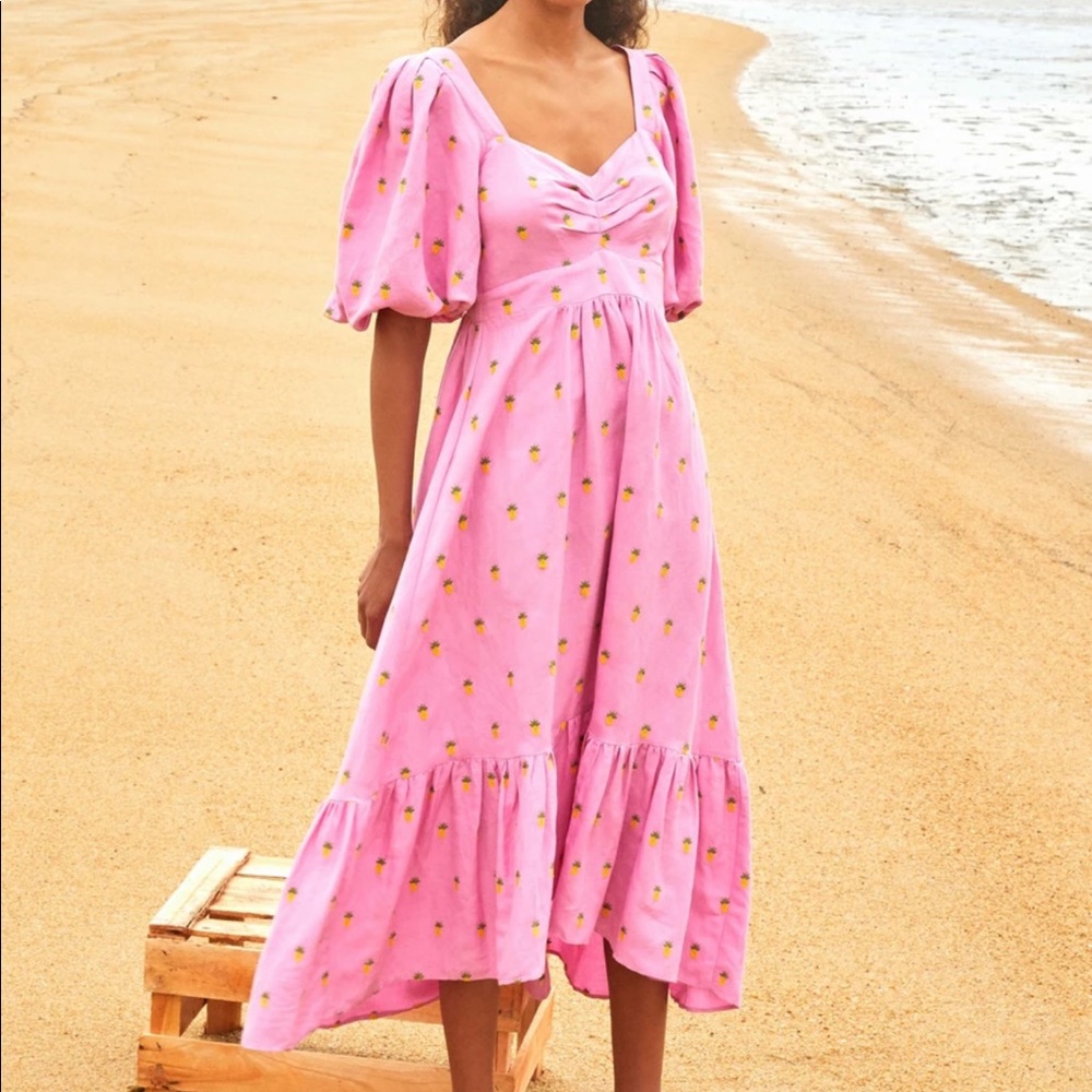 Farm rio pineapple dress pink linen embroidered